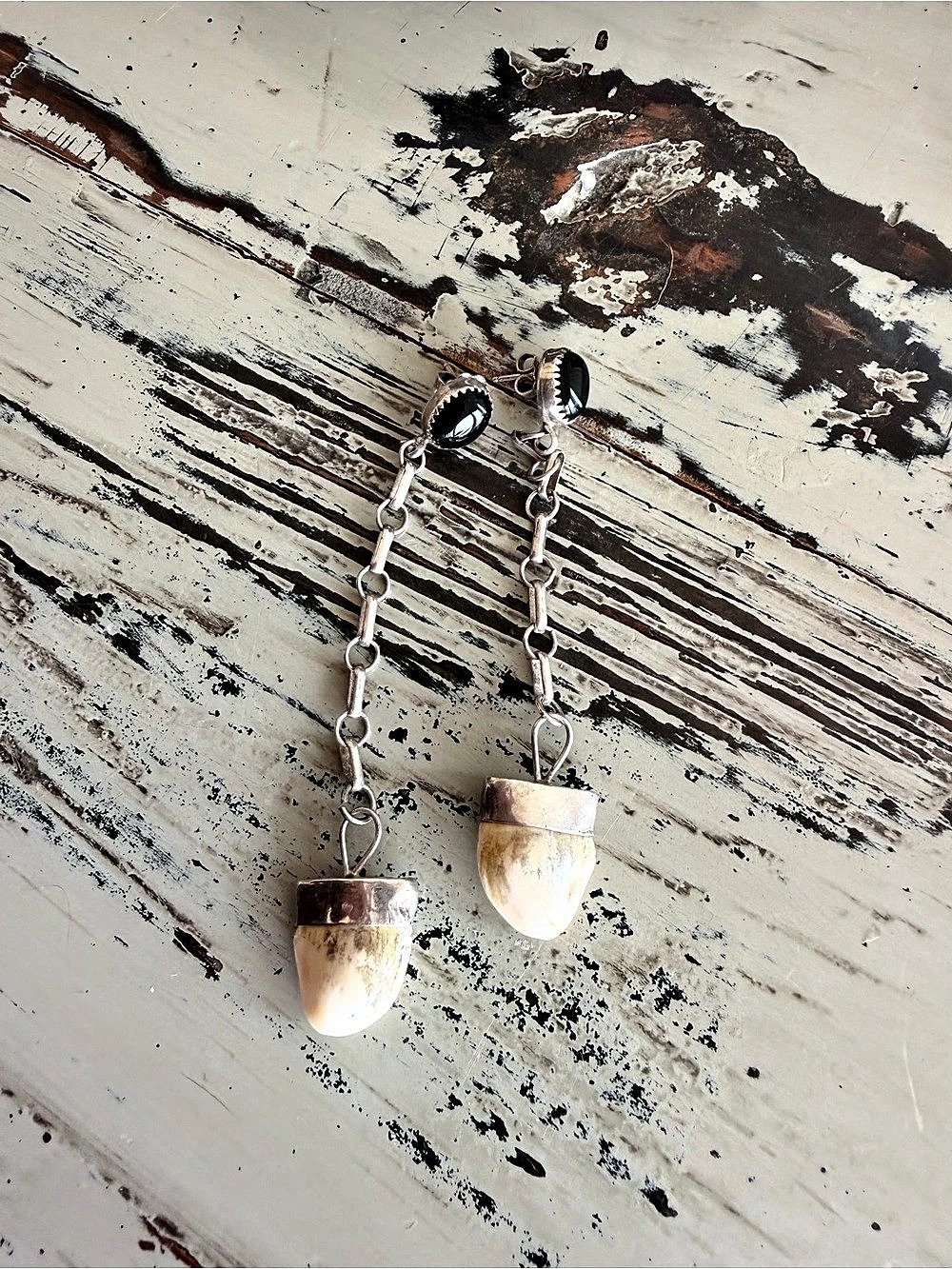 Santa Fe Artisan Sterling Silver Tooth Statement Earrings Black Gemstone